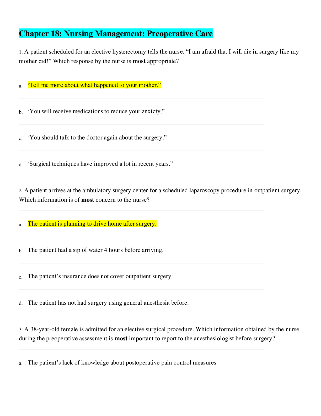 Preview image for Test bank medical surgical chapter 18 nursing management preoperative care